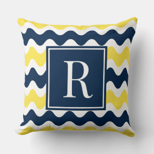 Navy- und Gelbe Preppy-Ric-Rac-Streifen-Monogramm Kissen