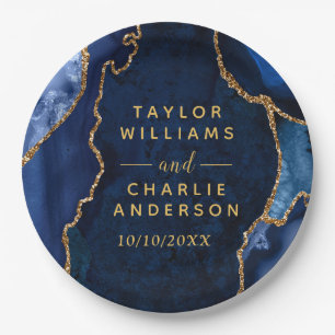 Navy und Gold Achat-Marmor-Hochzeit Pappteller
