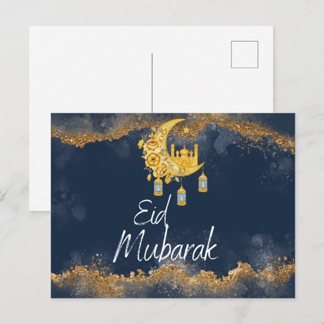 Navy und Gold Agate Eid Mubarak Eid Postkarte (Vorne/Hinten)