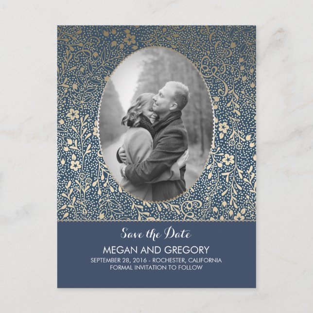 Navy und Gold Blume Chic Foto Save the Date Ankündigungspostkarte (Vorderseite)