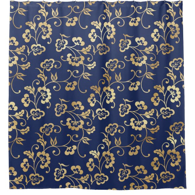 Navy und Gold Floral Muster Duschvorhang (Vorderseite)