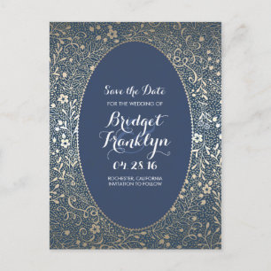 Navy und Gold Floral Save the Date Vintag Ankündigungspostkarte