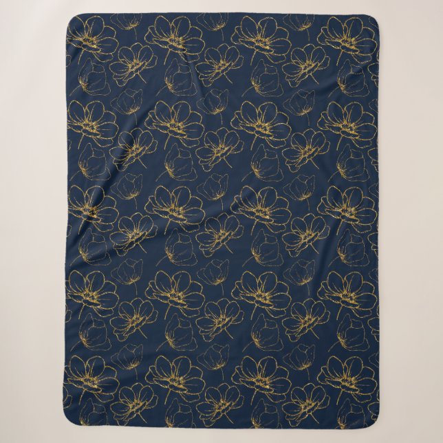 Navy und Gold Floral Sherpa Throw Blanket Sherpadecke (Vorderseite)