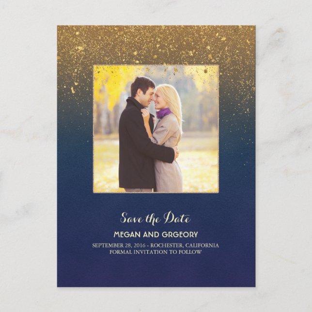 Navy und Gold Glitzer Foto Save the Date Ankündigungspostkarte (Vorderseite)