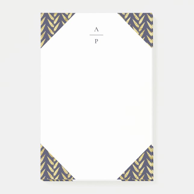 Navy und Gold Leaf Mit Monogramm Post-it Klebezettel (Vorderseite)