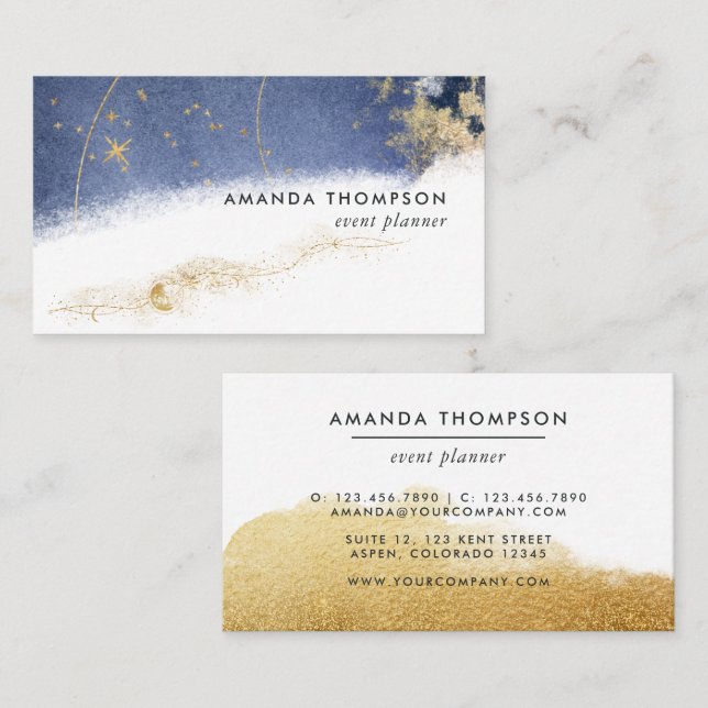 Navy und Gold Lunar Brush Strokes Business Card Visitenkarte (Vorne/Hinten)