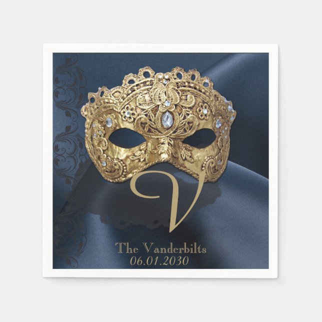 Navy und Gold Masquerade Monogram Napkin Serviette (Vorderseite)
