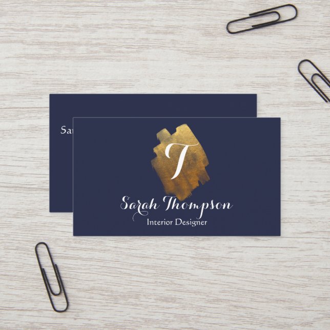 Navy und Gold Monogram Business Card Visitenkarte (Vorderseite/Rückseite Beispiel)