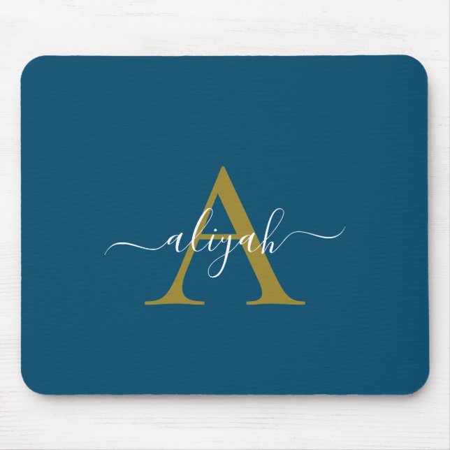 Navy und Gold Monogram Script Name Custom Mousepad (Vorne)