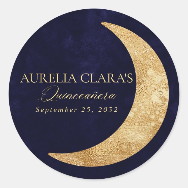 Navy und Gold Moon Quinceñera Runder Aufkleber (Vorderseite)