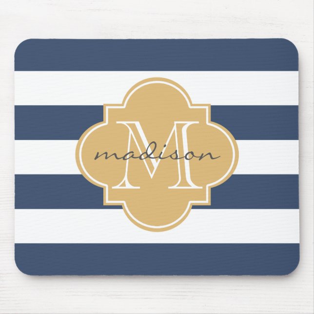 Navy und Gold Nautic Stripes Custom Monogram Mousepad (Vorne)