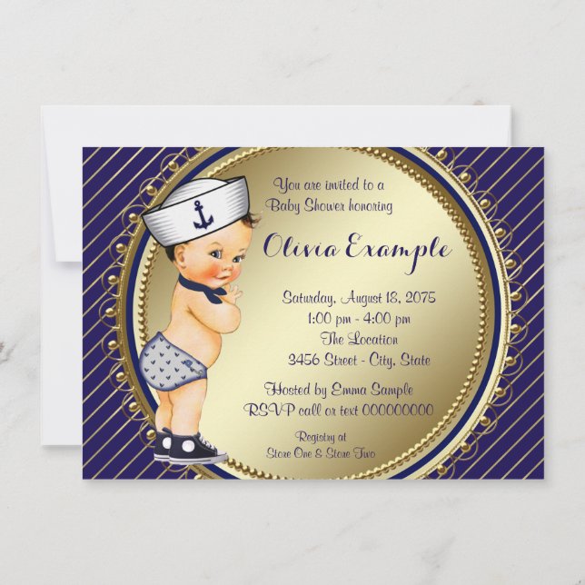 Navy und Gold Nautical Baby Dusche Einladung (Rückseite)