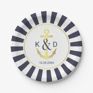 Navy und Gold Nautical Wedding Pappteller