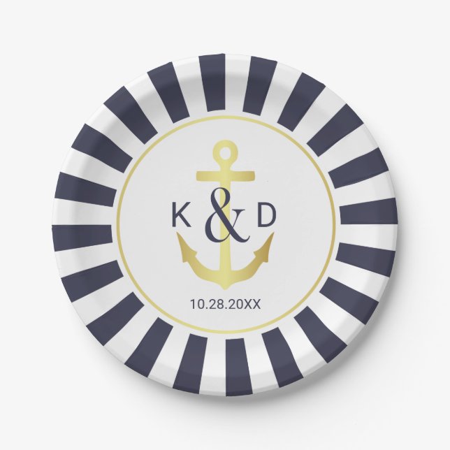 Navy und Gold Nautical Wedding Pappteller (Vorderseite)