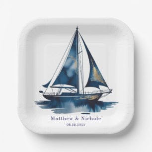 Navy- und Gold-nautisches Boot Goldrahmen-Hochzeit Pappteller