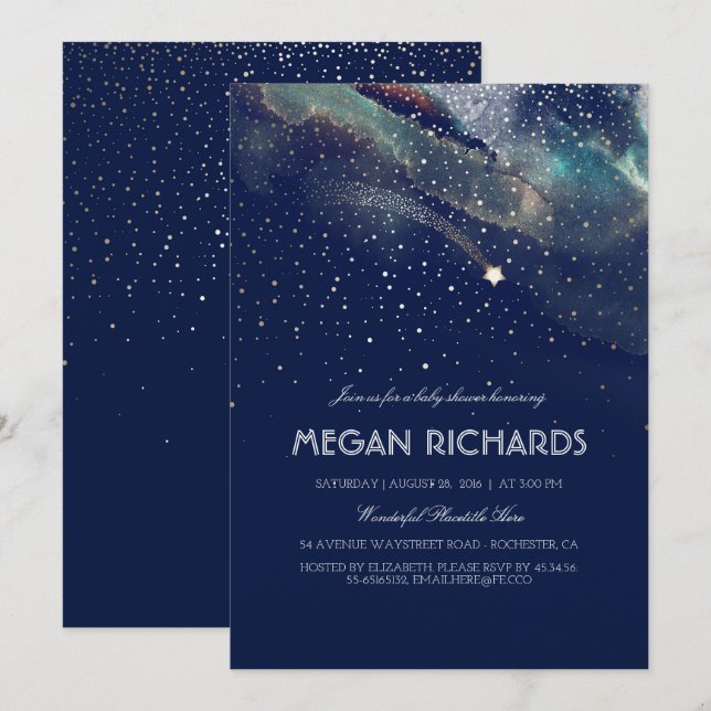 Navy und Gold Shooting Star Starry Baby Dusche Einladung (Vorne/Hinten)