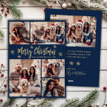 Navy und Gold Snowflake 5 Foto Collage Weihnachten<br><div class="desc">Elegante moderne Kalligrafie Navy und Gold Schneeflocken 5 Foto Collage Frohe Weihnachts Script Holiday Card. Dieses festliche, minimalistische, fünf (5) Foto Feiertage Grußkarte Vorlage zeigt eine hübsche Gitter Foto Collage, etwas Schneeflocke und sagt "Frohe Weihnachten"! Der skurrile Begrüßungstext "Frohe Weihnachten" ist in einem handgeschriebenen Pinsel-Schriftart-Skript in Gold auf marineblau Hintergrund...</div>