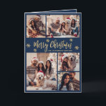 Navy und Gold Snowflake 6 Foto Collage Weihnachten<br><div class="desc">Modern Simple Elegant Calligraphy Navy und Gold Snowflake 6 Foto Collage Frohe Weihnachts-Script Faltded Holiday Card. Dieses festliche, minimalistische, sechs (6) Foto Feiertage Grußkarte Vorlage zeigt eine hübsche Gitter Foto Collage, etwas Schneeflocke und sagt "Frohe Weihnachten"! Der "Frohe Weihnachten"-Grußtext ist in einem wunderschönen handgeschriebenen Pinsel-Schriftart-Skript in Gold auf marineblau Hintergrund...</div>