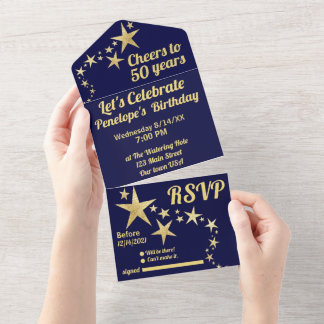 Navy und Gold Stars jubeln bis 50 Jahre Geburtstag All In One Einladung
