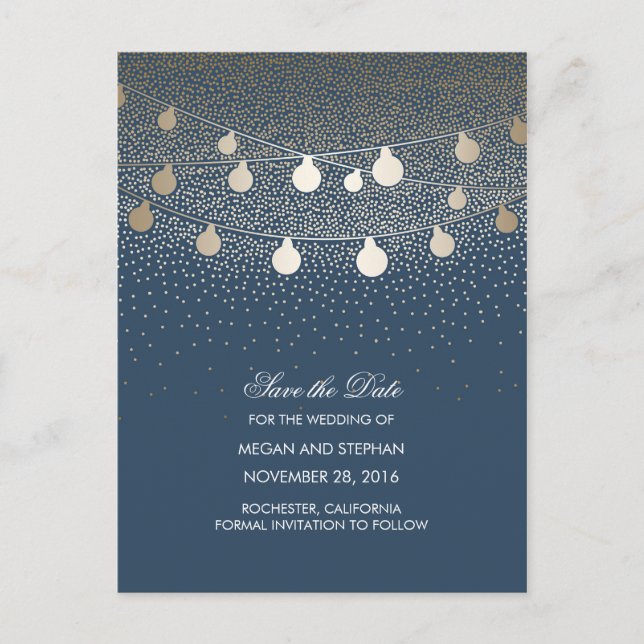 Navy und Gold String Lights Save the Date Ankündigungspostkarte (Vorderseite)