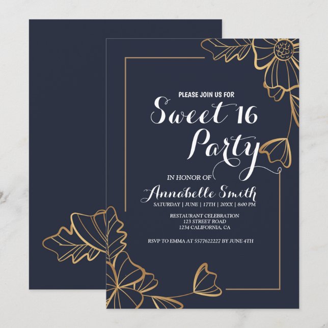 Navy und goldblütig 16 einladung (Vorne/Hinten)