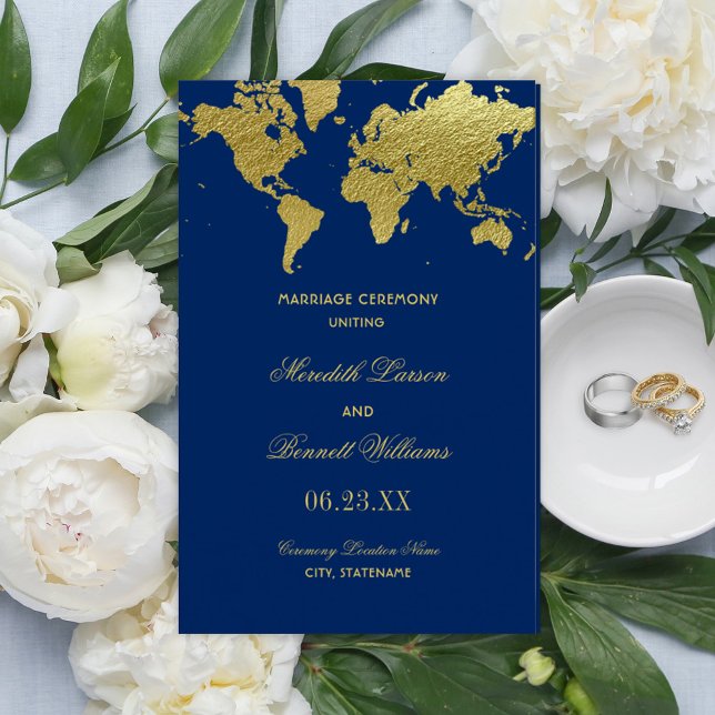 Navy- und Goldfarbene Weltkarten-Hochzeitsprogramm (Von Creator hochgeladen)