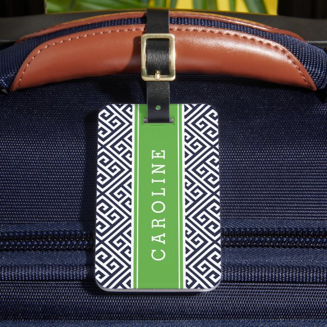 Navy und Green Griechisch Key Custom Monogram Gepäckanhänger (Vorderseite Insitu 2)