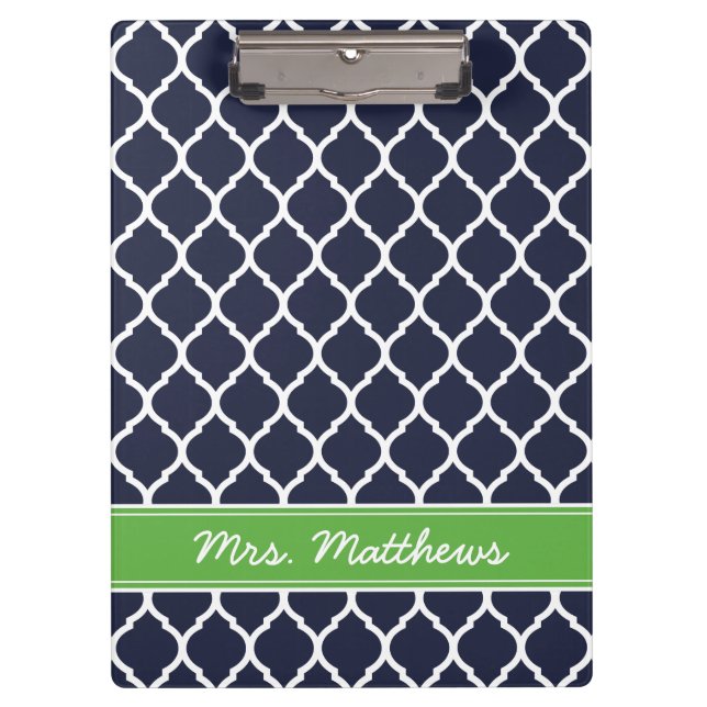 Navy und Green Quatrefoil Custom Monogram Klemmbrett (Vorderseite)