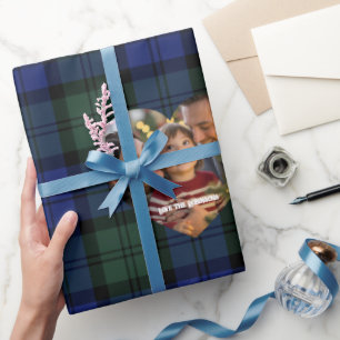 Navy- und Grün-Tartan Personalisiertes Foto-Weihna Geschenkpapier