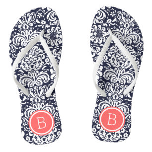 Navy und Korallen Blumen-Damaskus-Monogramm Flip Flops