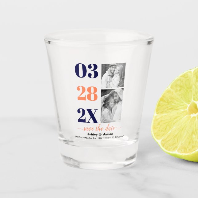Navy und Korallen zwei Foto Save the Date Schnapsglas (Vorderseite)
