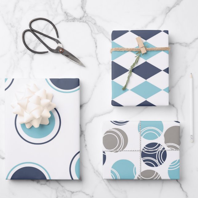 Navy und Light Blue auf White Geschenkpapier Set (Vorderseite)