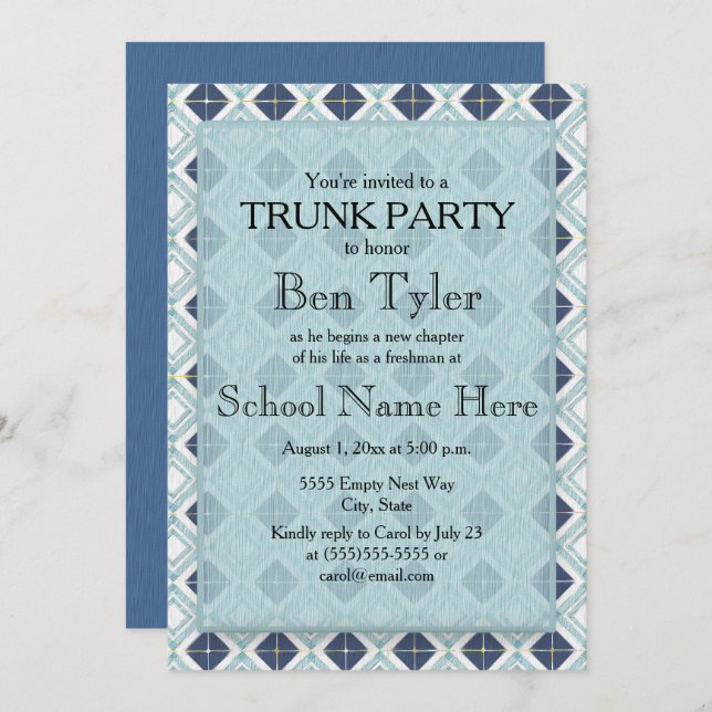 Navy und Light Blue Diamond Pattern Trunk Party Einladung (Vorne/Hinten)