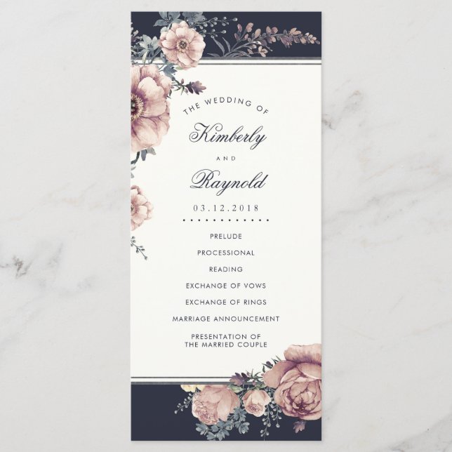 Navy- und Mauve-Blumen-Aquarell-Hochzeitsprogramme Programm (Vorderseite)