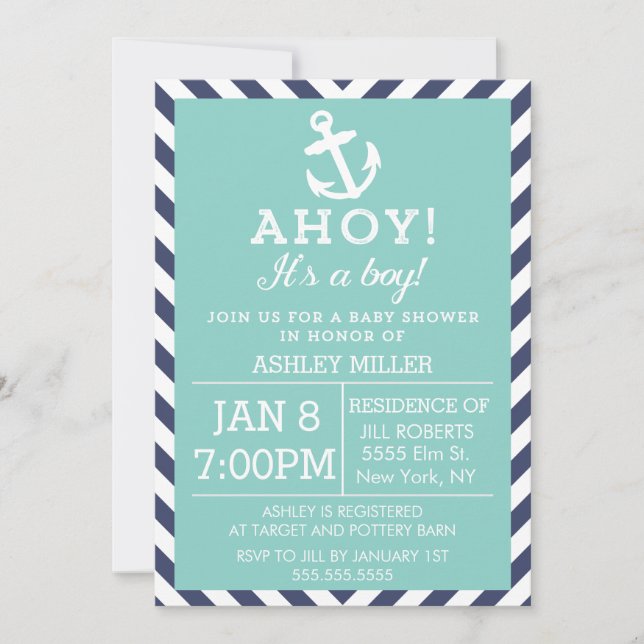 Navy und Mint Nautical Zickzack Baby Dusche Einladung (Vorderseite)