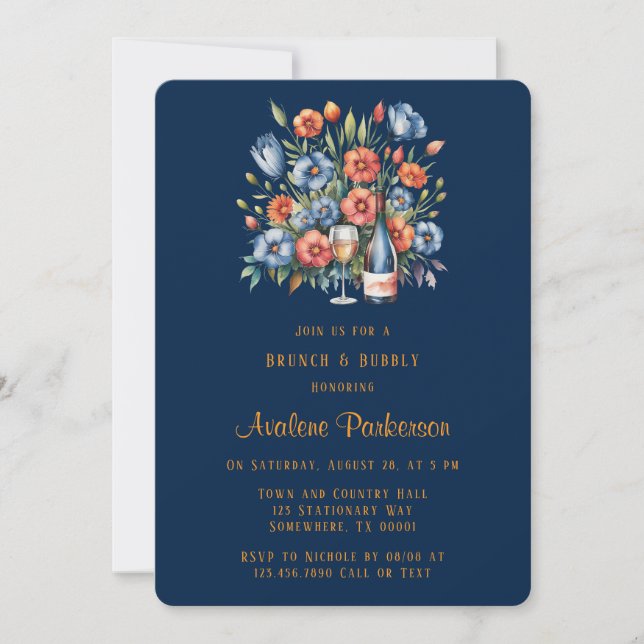 Navy und Orange Peony Brunch & Bubbly Einladung (Vorderseite)