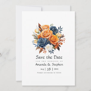 Navy- und orangefarbene Hochzeit mit Blumen Save The Date