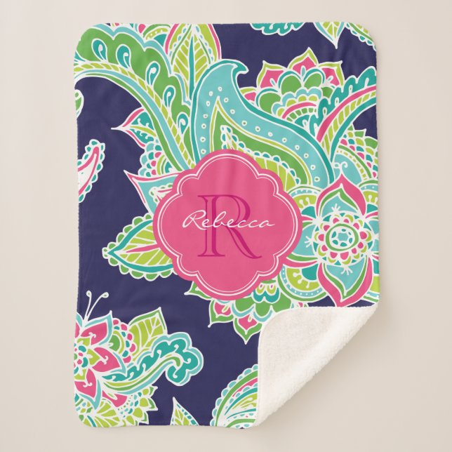 Navy und Pink Boho Paisley Mit Monogramm Sherpadecke (Vorderseite)