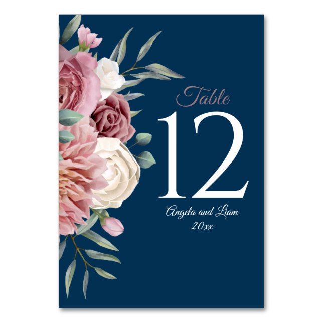 Navy und Pink mit Aquarell Blume Tischnummer (Vorderseite)