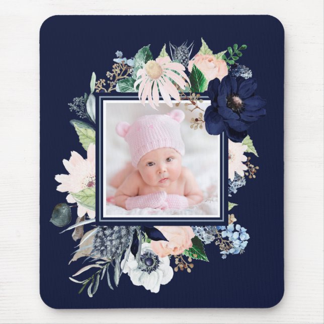 Navy und rosa Floral mit Foto | Dunkelblau Mousepad (Vorne)