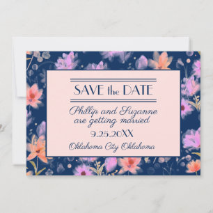 Navy und rosafarbenes altmodisches Blumensave the  Einladung