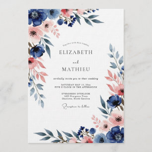 Navy- und Rosé-Blumen-Hochzeitsromanze Einladung