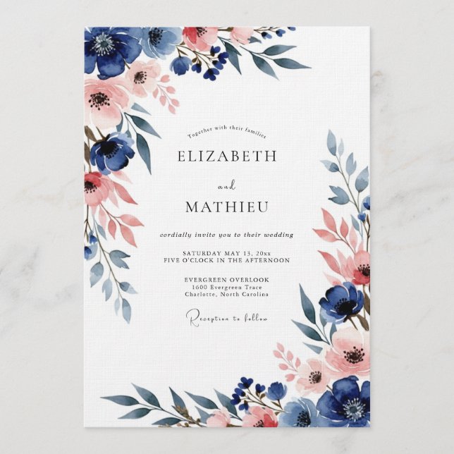 Navy- und Rosé-Blumen-Hochzeitsromanze Einladung (Vorderseite)