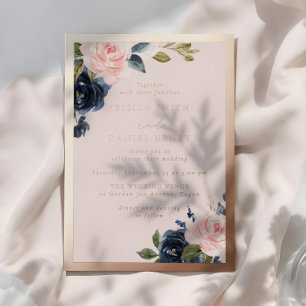 Navy- und Rosé-Wasserfarben-Blumen-Roségoldene Hoc Folieneinladung