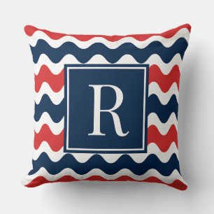 Navy- und Rot-Preppy-Ric-Rac-Streifen-Monogramm Kissen