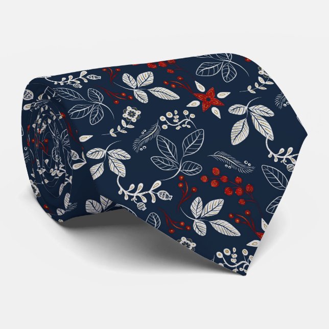 Navy und Rote Blätter und Berries Krawatte (Gerollt)