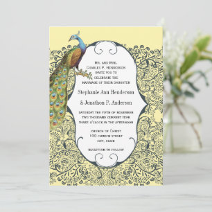Navy-und-Senf-Pfau-Liebesvogel-Muster-Hochzeit Einladung