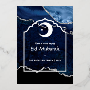 Navy und Silber Agate Eid Mubarak Folien Feiertagskarte