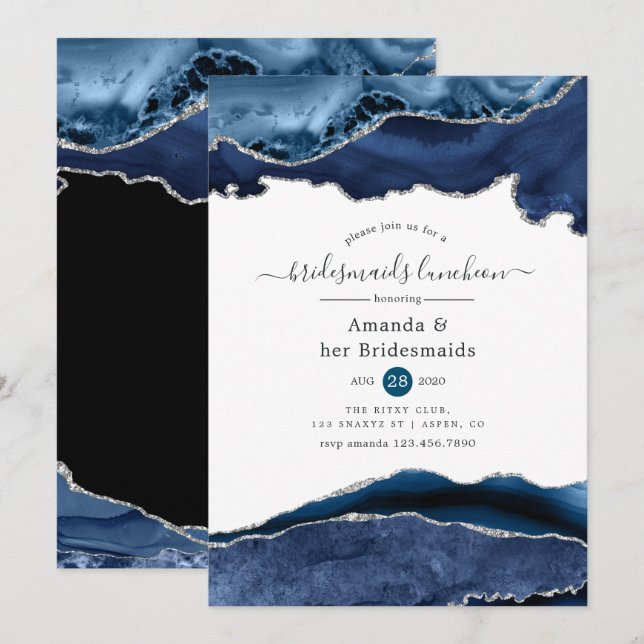 Navy und Silver Agate Bridesmaids Luncheon Einladung (Vorne/Hinten)