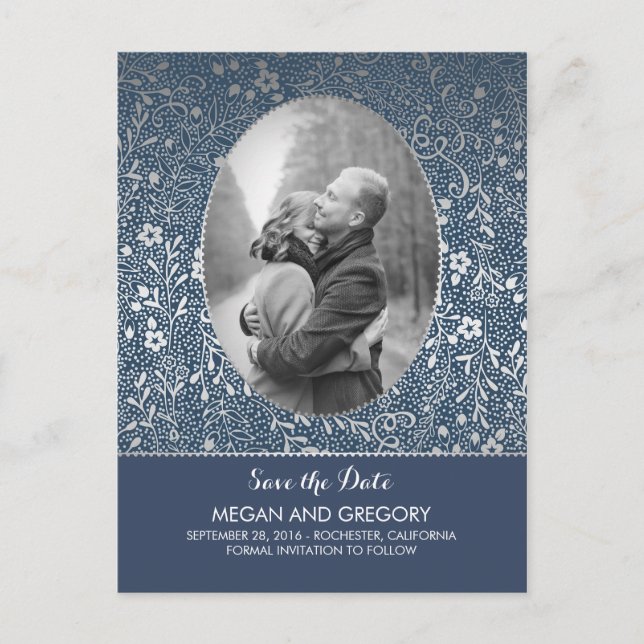 Navy und Silver Blume Chic Foto Save the Date Ankündigungspostkarte (Vorderseite)